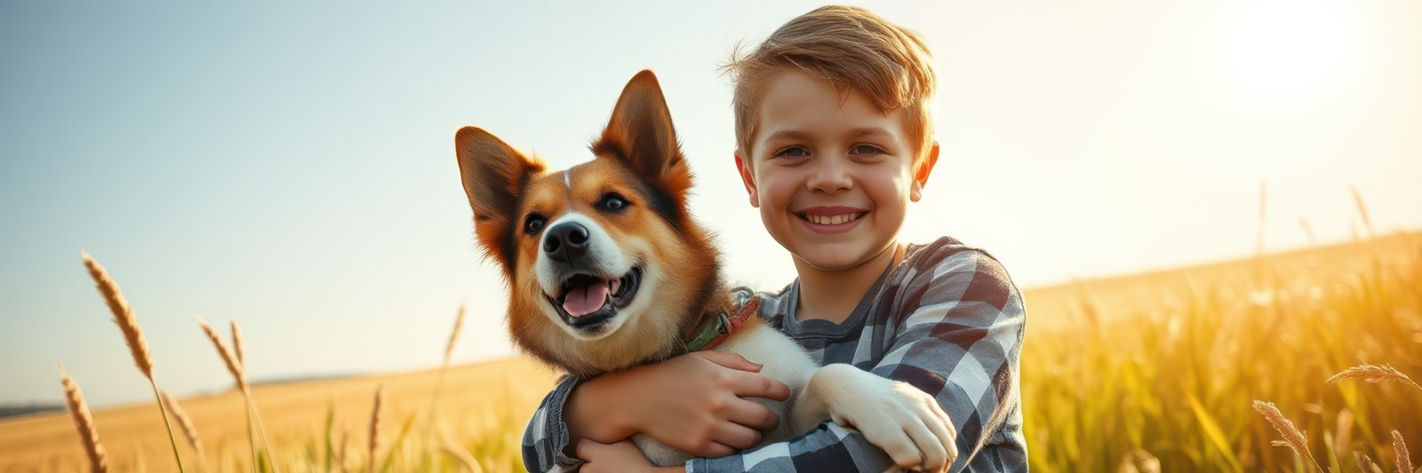 A young boy smiles broadly as he embraces a medium-sized, brown and white dog